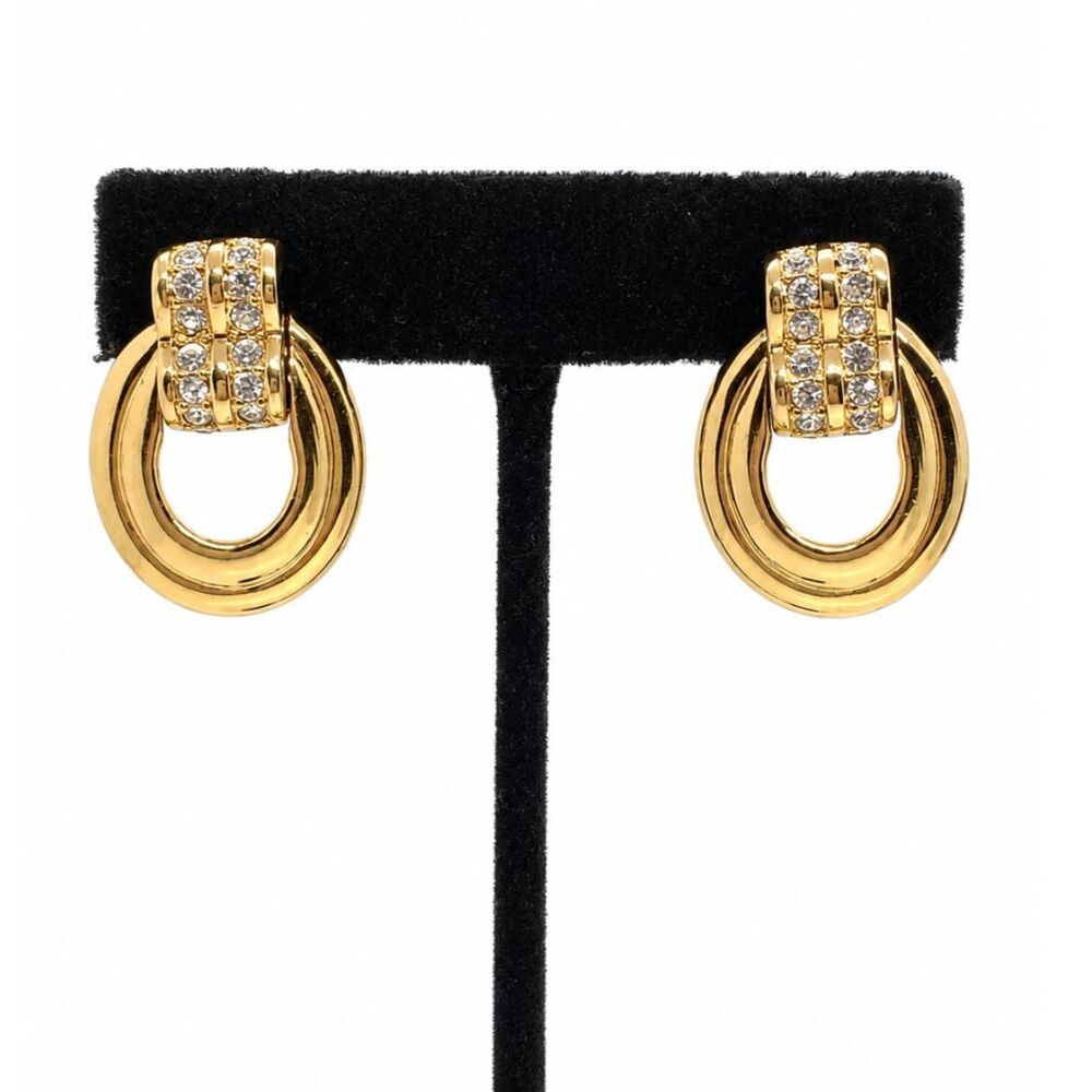 VINTAGE SWAROVSKI EARRINGS Gold Tone Door Knocker Rhinestone Clip On